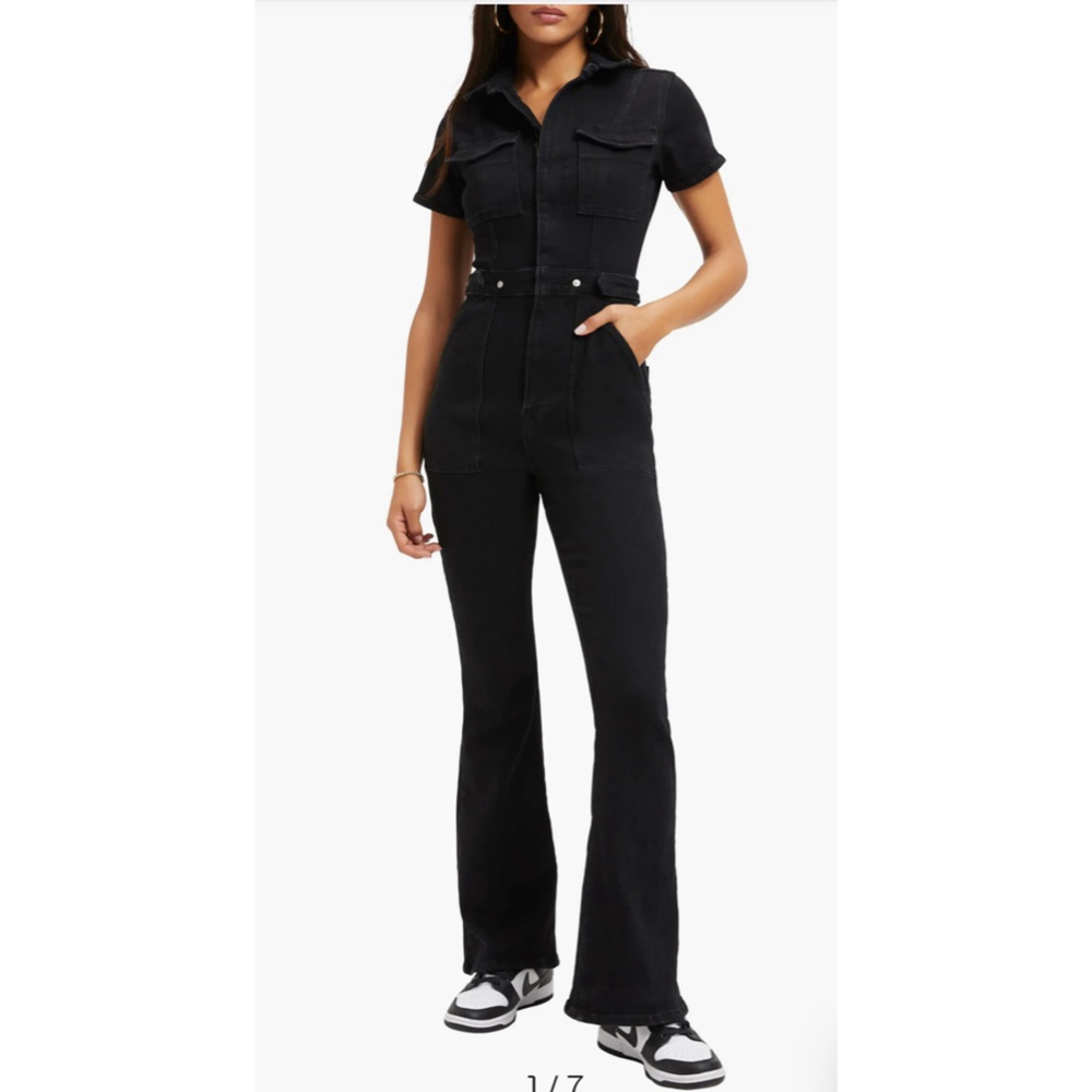 Good American Black Short-Sleeve Denim Jumpsuit